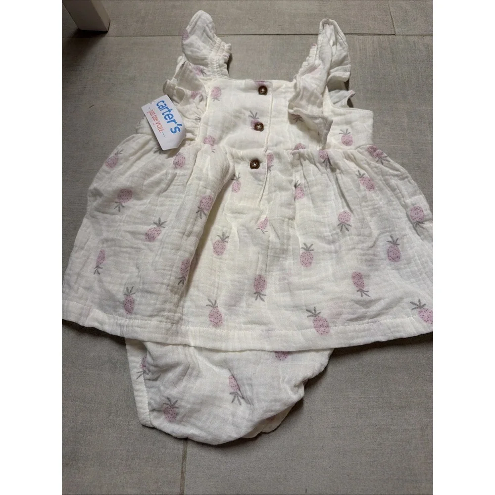 NWT Carter's Girls 24M White Muslin Cotton Pineapple 1pc Dress & Bodysuit Set